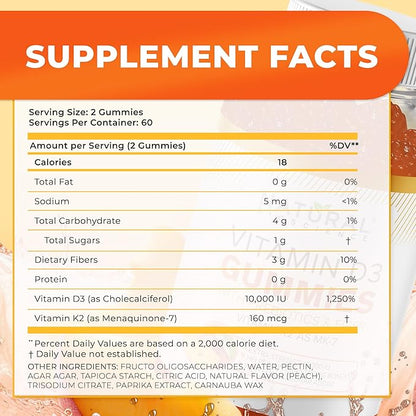 Vitamin D3 10000 IU & K2 Gummy for Adults - Sugar-Free, High Absorption - Supports Bone, Joint, Immune, Heart, Brain & Dental Health - Non-GMO, Gluten-Free, Fiber-Based, Peach Flavor, 120 Gummies