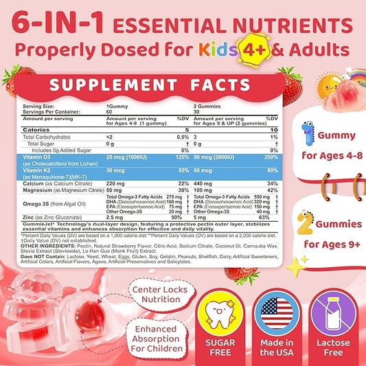Vitamin D3 K2 + Calcium Liquid-filled Gummies for Kids & Teens, 1000IU/2000IU D3 with Magnesium, Algal Omega 3, Vitamin for Kids for Bones & Teeth, Calcium Absorption, Brain, Immunity,Sugar-Free,2Pack