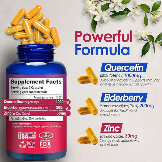 Quercetin 1000mg Veggie Capsules, Non-GMO, Elderberry Zinc Quercetin Supplements Supports Immune, Cardiovascular & Respiratory Health,120 Capsules (Pack of 1)