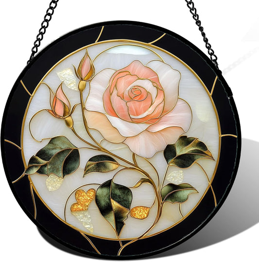 Stained Glass Window Hanging - Black White Pink Rose Sun Catcher for Door Home Decor Flower Suncatcher Christmas Mother's Day Birthday Gifts for Women Men Lovers Mom Nana 6.3 in