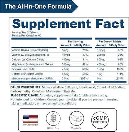 Calcium 800 mg, Highly Absorbable Bone Support with Magnesium, Vitamin D3 & K2 | Plus Zinc, Copper & Manganese, 120 Vegan Tablets