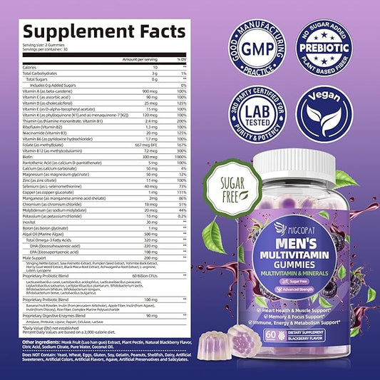 2-Pack Multivitamin for Men, Mens Multivitamins Gummies w/Omega-3, Probiotics, Inositol, Folate, Male Support Blend, Vitamins A, C, D, E, B - Support Heart, Brain, Muscle, Energy, Sugar-Free Gummy