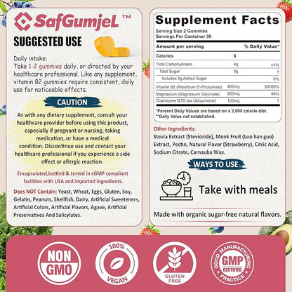 Vitamin B2 Gummies | Riboflavin 400mg with Magnesium & CoQ10 for Migraine Relief & Headache Relief | Sugar Free, Vegan, Strawberry Flavor, 60 Count