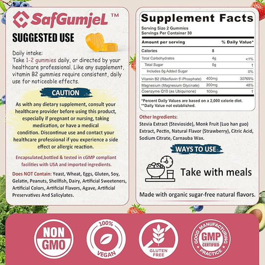 Vitamin B2 Gummies, Riboflavin 400mg for Adults & Kids, w/Magnesium & CoQ10 for Energy & Nervous System Support, Sugar Free B2 Vitamin VIT B, Non GMO, Vegan, 120 Counts