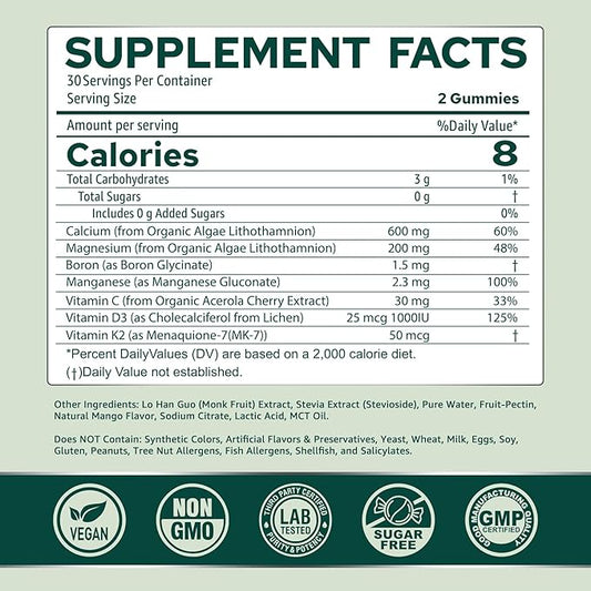 (2 Pack) Calcium Gummies for Women, Sugar Free Calcium Supplement from Sustainable Algae (3rd Party Tested) with Vitamin D3 K2, C, Zinc, Boron, Manganese for Bone Strength, Calcium Absoption, Vegan