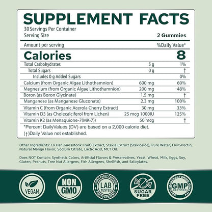 Calcium Gummies for Women + Magneisum Vitamin D3 K2, C, Zinc, Boron, Sustainable Algae (3rd Party Tested) for Bone Strength, Nerve, Calcium Absoption, Sugar Free Calcium Supplement, Vegan, 60 Counts