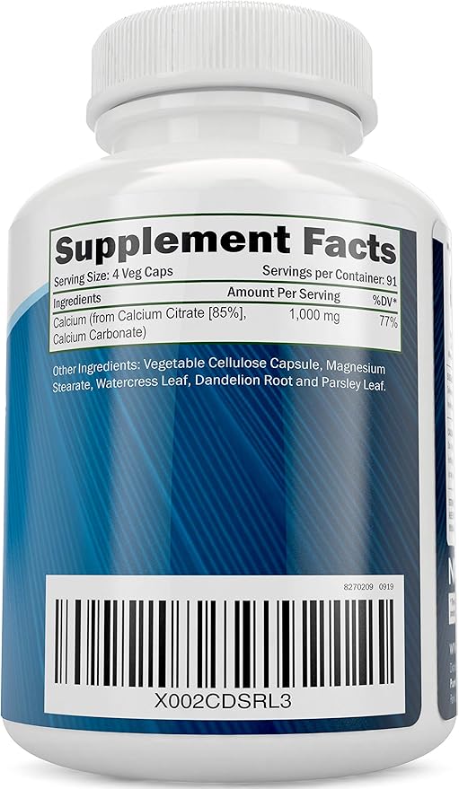 Calcium Citrate 1000mg - 365 Vegan Capsules not Tablets with Added Parsley, Dandelion and Watercress - Without Vitamin D - Made in The USA by Purely Holistic