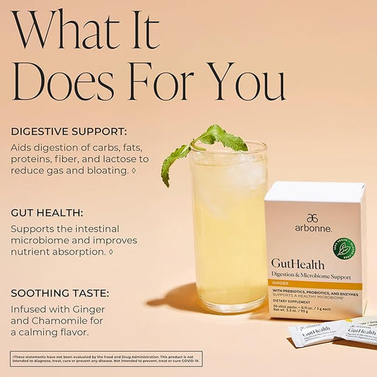Arbonne Gut Health Digestion Support - Microbiome Prebiotic and Probiotic Drink Mix, Probiotic Powder and Prebiotic Powder with Enzymes for a Healthy Gut