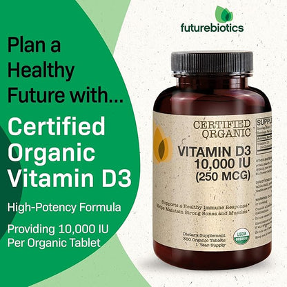 Futurebiotics Vitamin D3 10,000 IU (250 MCG) Supports a Healthy Immune Response, Helps Maintain Strong Bones and Muscles, 360 Organic Tablets