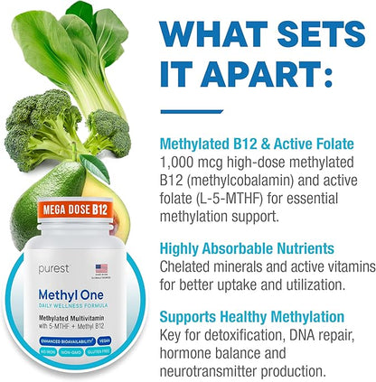 Purest® Methylated Multivitamin for Men & Women | Methylated B12 1000mcg, Biotin, B Complex with 600mcg Vitamin D, Vitamin C, E, A, Methylfolate | Daily Methylate Multivitamin for Energy & Wellness