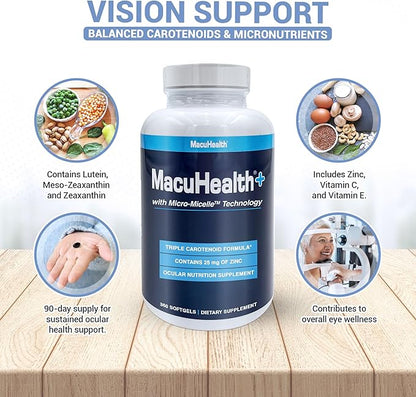 Macuhealth Plus+ Eye Vitamins Supplement for Adults - 90 Day Supply with Lutein, Zeaxanthin, and Meso-Zeaxanthin - Unflavored, Vitamin for Eyes