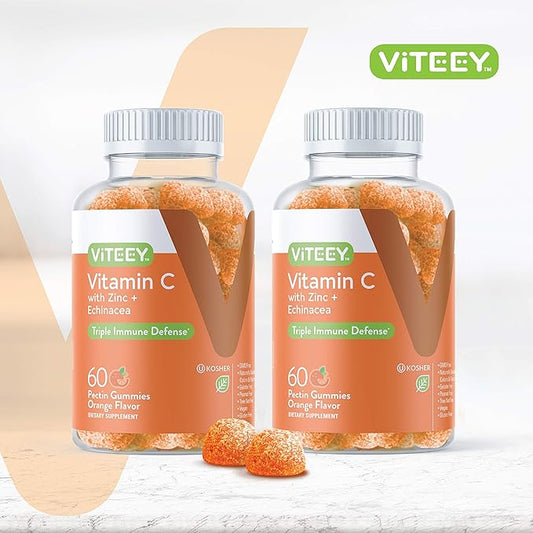 VITEEY Vitamin C Gummies for Adults & Teens with Zinc & Echinacea - Immune Support Gummies - Immune Booster - Vegan, Gelatin Free, Gluten Free, GMO Free - Tasty Vitamin C Chewable Orange Flavored
