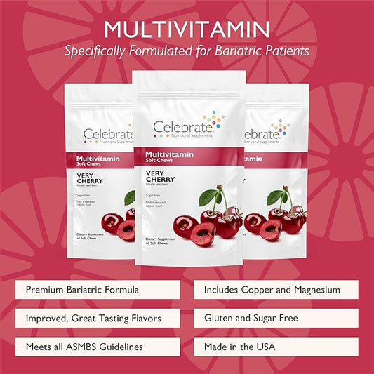 Celebrate Vitamins Bariatric Multivitamin Soft Chews - Essential Vitamins & Minerals, Sugar & Gluten Free - Gastric Bypass & Sleeve Gastrectomy Supplement - Cherry (180ct)