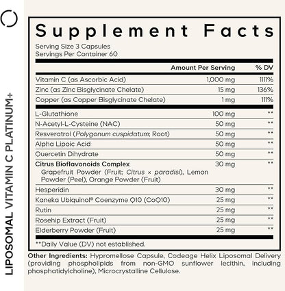 Codeage Liposomal Vitamin C+ Platinum - 1000 Mg Vitamin C Vitamins, Glutathione, NAC (N Acetyl Cysteine), Resveratrol, CoQ10, Rutin, Elderberry, Quercetin, Rosehip, Citrus Bioflavonoids - 180 Capsules
