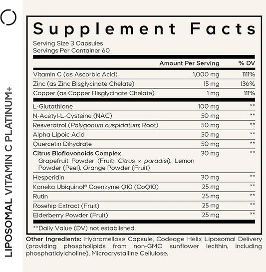Codeage Liposomal Vitamin C+ Platinum - 1000 Mg Vitamin C Vitamins, Glutathione, NAC (N Acetyl Cysteine), Resveratrol, CoQ10, Rutin, Elderberry, Quercetin, Rosehip, Citrus Bioflavonoids - 180 Capsules