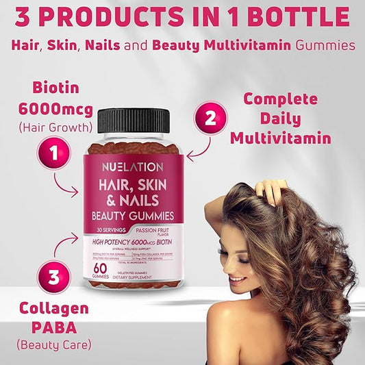 Hair Skin and Nails Gummies with Biotin (6000mcg), Collagen & PABA - Hair, Skin, and Nails Vitamins for Women and Men - Supports Hair Growth, Stronger Nails, Healthy Skin - 30 Servings
