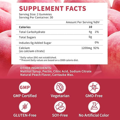 (3 Pack) 1200 mg Calcium Citrate Gummies Supplements for Women & Men,Pure Calcium Citrate Gummies for Bone, Muscle & Immune Support - Easy to Digest, Sugar Free,Vegan,Peach Flavor,60 Day Supply