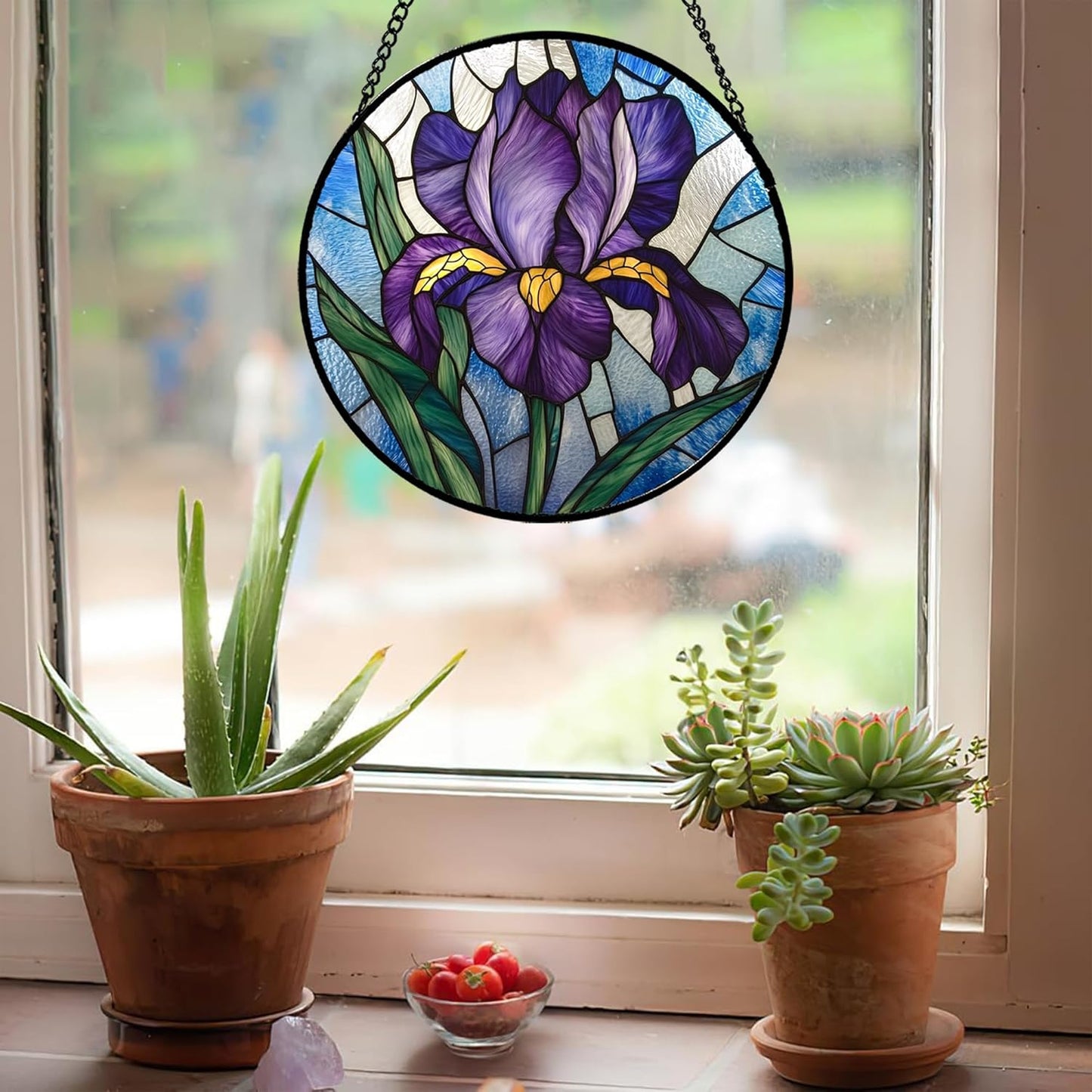Stained Glass Window Hanging - Iris Birth Flower Suncatcher for Doors Garden Yard Purple Blue Sun Catchers Decor Christmas Mother's Day Birthday Gifts for Teacher Women Mom Nana 6.3 in