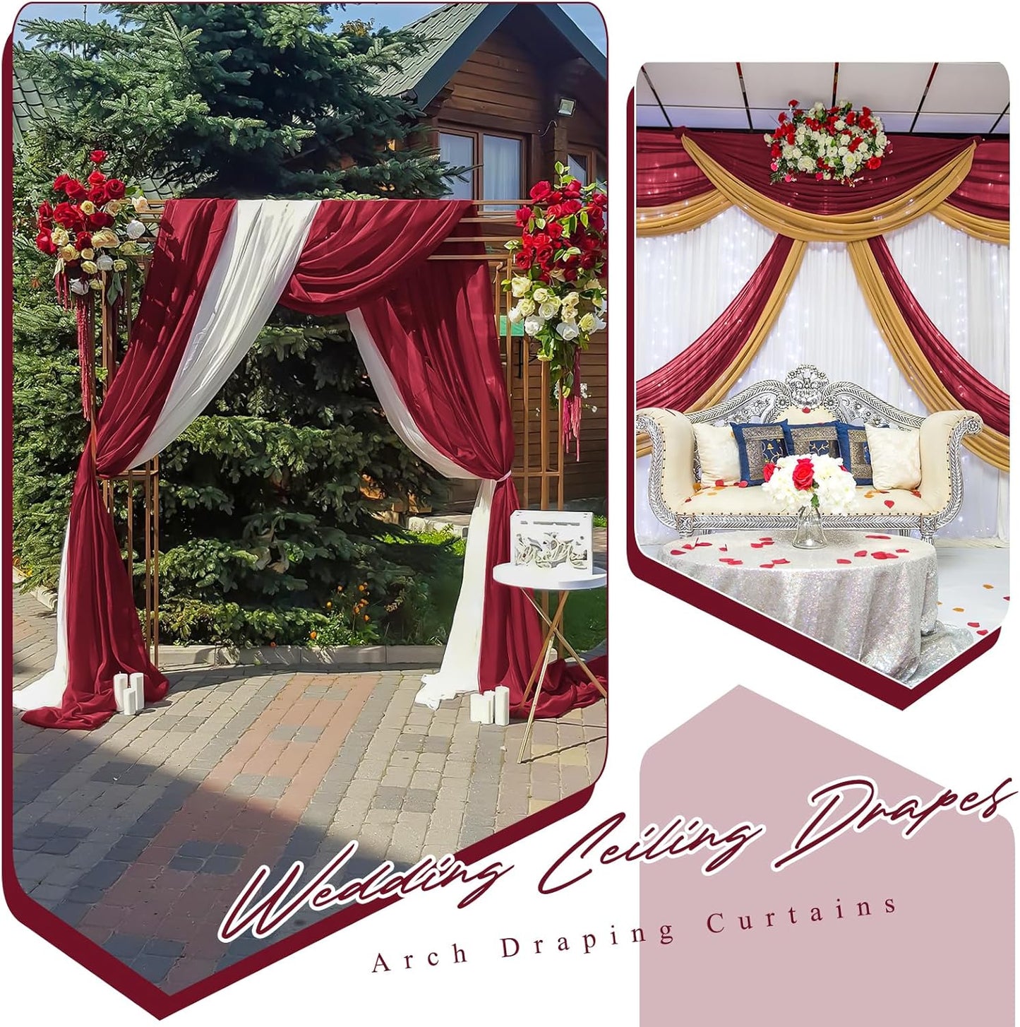 6 Panels Burgundy Ceiling Drapes for Wedding 5ftx30ft Chiffon Fabric Arch Draping Curtains Sheer Drapery for Party Ceremony Birthday Baby Shower Reception Stage Swag Ceiling Decorations