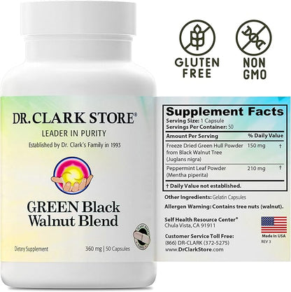 Dr Clark Green Black Walnut Blend - Freeze Dried Hull Dietary Supplement, Extra Strength Formula from All Natural Walnuts, Supports Healthy Intestinal Environment, 360mg, 50 Gelatin Capsules