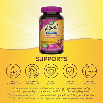 Nature's Way Alive! Zero Sugar Women's Gummy Multivitamins, Energy Metabolism*, Hair, Skin, Nails*, B-Vitamins, No Sugar Alcohols, Plant-Based Sweeteners, Strawberry Flavored, 80 Gummies