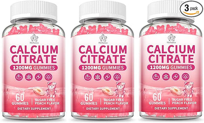 (3 Pack) Calcium Citrate Gummies 1200 mg for Adults, High Absorption Calcium Supplement for Women & Men, Sugar Free, Non-GMO, Gluten Free, Supports Muscle & Immune - Natural Peach Flavor
