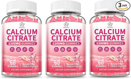 (3 Pack) Calcium Citrate Gummies 1200 mg for Adults, High Absorption Calcium Supplement for Women & Men, Sugar Free, Non-GMO, Gluten Free, Supports Muscle & Immune - Natural Peach Flavor