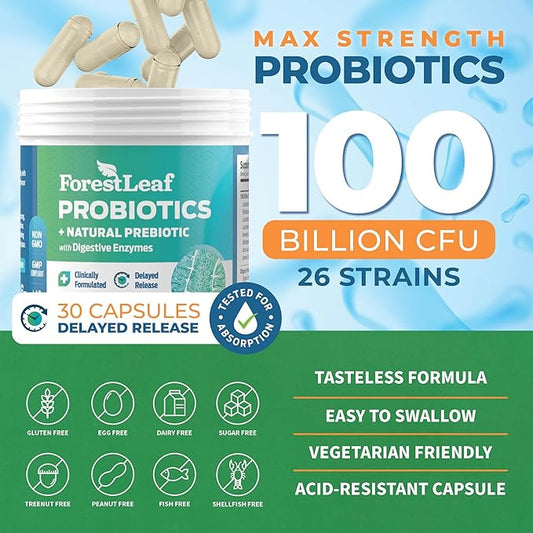 Probiotics for Men and Women, 100 Billion CFU, 26 Unique Strains, Men's and Women's Probiotic and Prebiotics Support Digestive Health, Gut Wellness, Energy, Mood, Immune, PH Balance (30 Caps)