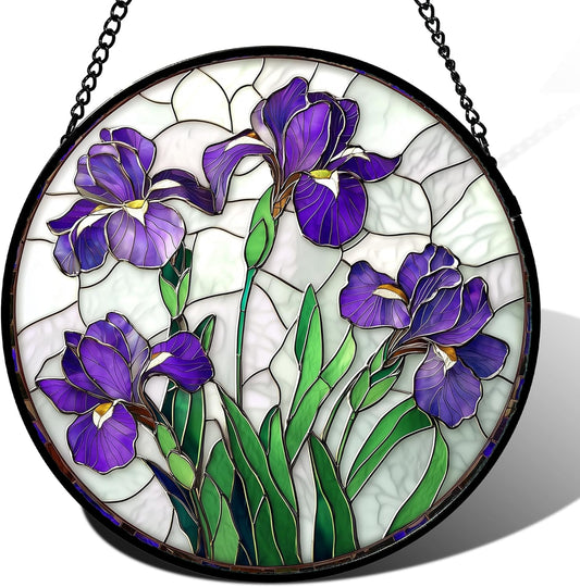 Stained Glass Window Hanging - Purple Iris Flower Sun Catcher for Door Terrace Garden Home Decor, Green Plants Suncatcher Birthday Gifts for Lovers Women Men Dad Mom Nana 9.8 in