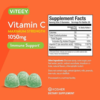 Viteey Vitamin C Gummies for Adults & Teens, 1050mg Maximum Strength - Immune Support Gummies - Immune Booster - Vegan, Gelatin Free-Tasty Vitamin C Chewable Sour Apple Flavored Gummy-90 Count