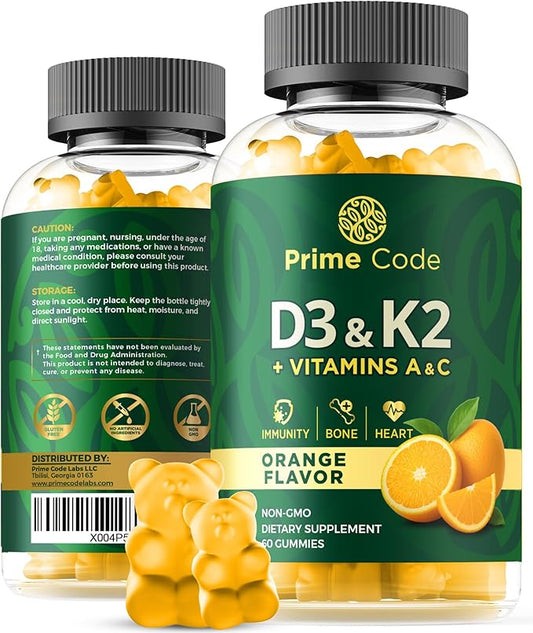 Vitamin D3 K2 with Vitamins A & C Gummies | Vitamin D3 K2 | Vitamin A & C | Vitamin CD | Vitamin ADK | D3K2 | Bone & Heart Health Support | D3 and K2 Gummies | High Absorption | Non-GMO | Gluten-Free
