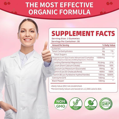 Magnesium Glycinate Gummies 1000mg - Sugar Free Magnesium Potassium Supplement with Vitamin D, B6, CoQ10 for Calm Mood & Sleep Support - 120 Cherry Gummies -2 Pack