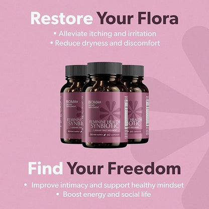 BIOMA Feminine Health Synbiotic - Women's Health Supplement for Healthy Vaginal pH, Urinary Tract & Digestive Support - with Probiotics, Cranberry & Tributyrin - 60 Capsules (30-Day Supply)