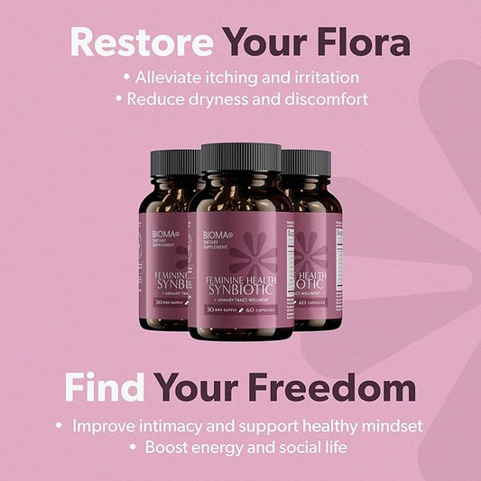 BIOMA Feminine Health Synbiotic - Women's Health Supplement for Healthy Vaginal pH, Urinary Tract & Digestive Support - with Probiotics, Cranberry & Tributyrin - 60 Capsules (30-Day Supply)