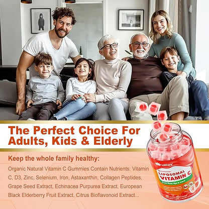 Natural Liposomal Vitamin C 1000mg Gummies for Adults Kids 9+, 1660mg Chewable Vitamin C w/ 11mg Zinc, D3, Elderberry, Echinacea, Bioflavonoid, Astaxanthin - Organic VIT C from Fruits, Sugar Free