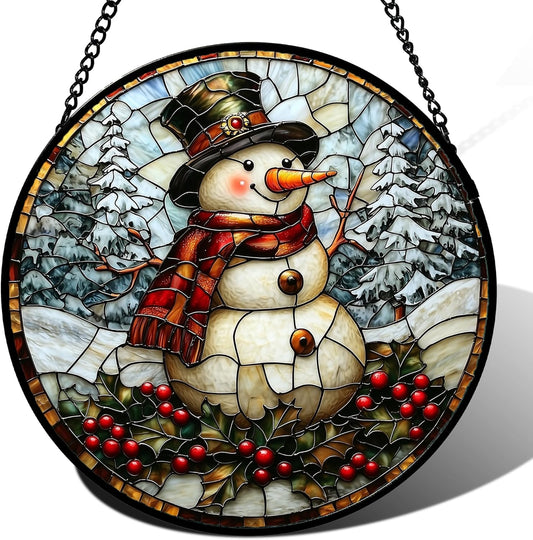 Stained Glass Window Hanging - Christmas Snowman Suncatcher for Door Terrace Garden Home Decor Winter Forest Snow Sun Catcher Birthday Gifts for Lovers Women Men Dad Mom Nana 7.8 in
