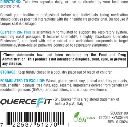 XYMOGEN Quercetin 20× Plus - Quercetin Supplements - Complex with Vitamin C, N-Acetyl-L-Cysteine & Nettles - Formulated for Respiratory Support - Vegan & Gluten-Free (120 Capsules)