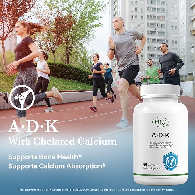 HUJ ADK Supplement, 60 Capsules, Calcium, Vitamins A, D3, K2 (MK-7)