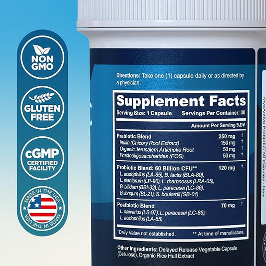 60 Billion CFU Probiotic - Unique Tri-Blend w/ 8 Probiotic Strains, Prebiotics & Postbiotics - for Digestive & Immune Support - Delayed Release - Shelf Stable - Non-GMO, Gluten Free - 30 Ct