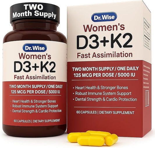 Dr. Wise Vitamin D3 + K2 – 5000 IU D3 with MK-7, One Per Day, for Strong Bones, Heart Health & Rejuvenated Vitality – Easy Swallow, Non-GMO – 60 Capsules, 2-Month Supply