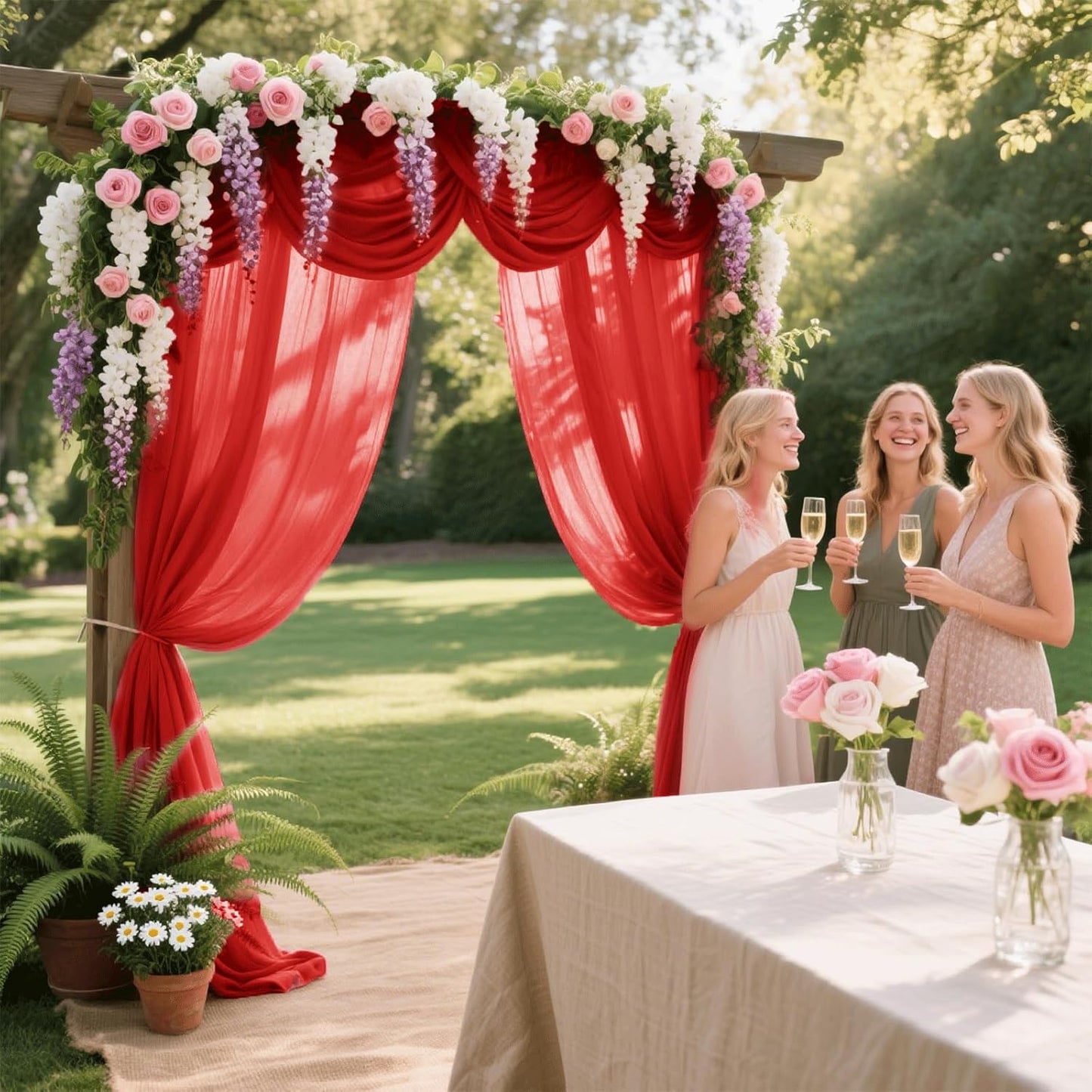 Wedding Arch Draping Fabric 29" x 18 FT Red Sheer Chiffon Outdoor Curtain Drapes for Wedding Birthday Party Ceremony Decor(1 Panel, Red)