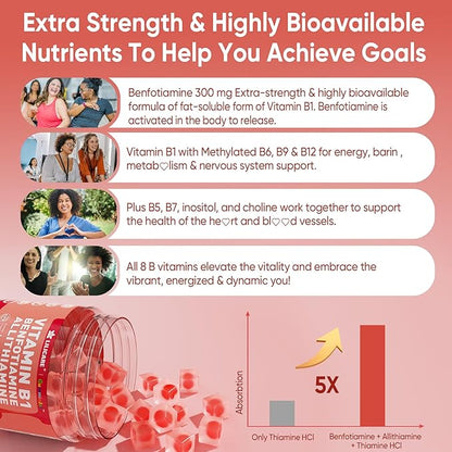 Vitamin B1 & Methylated Vitamin B Complex Gummies - All B Vitamins, Benfotiamine, Thiamine & Inositol, Methylated B1 B2 B6 Multivitamins, L-methylfolate, Methyl B12 for Nerve Cognition Energy, 120Cts