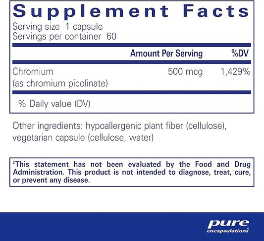 Pure Encapsulations Chromium (Picolinate) 500 mcg - for Lipid & Carbohydrate Metabolism* - Mineral Supplement - Superior Absorption Chromium Supplement - Vegan & Gluten Free - 60 Capsules