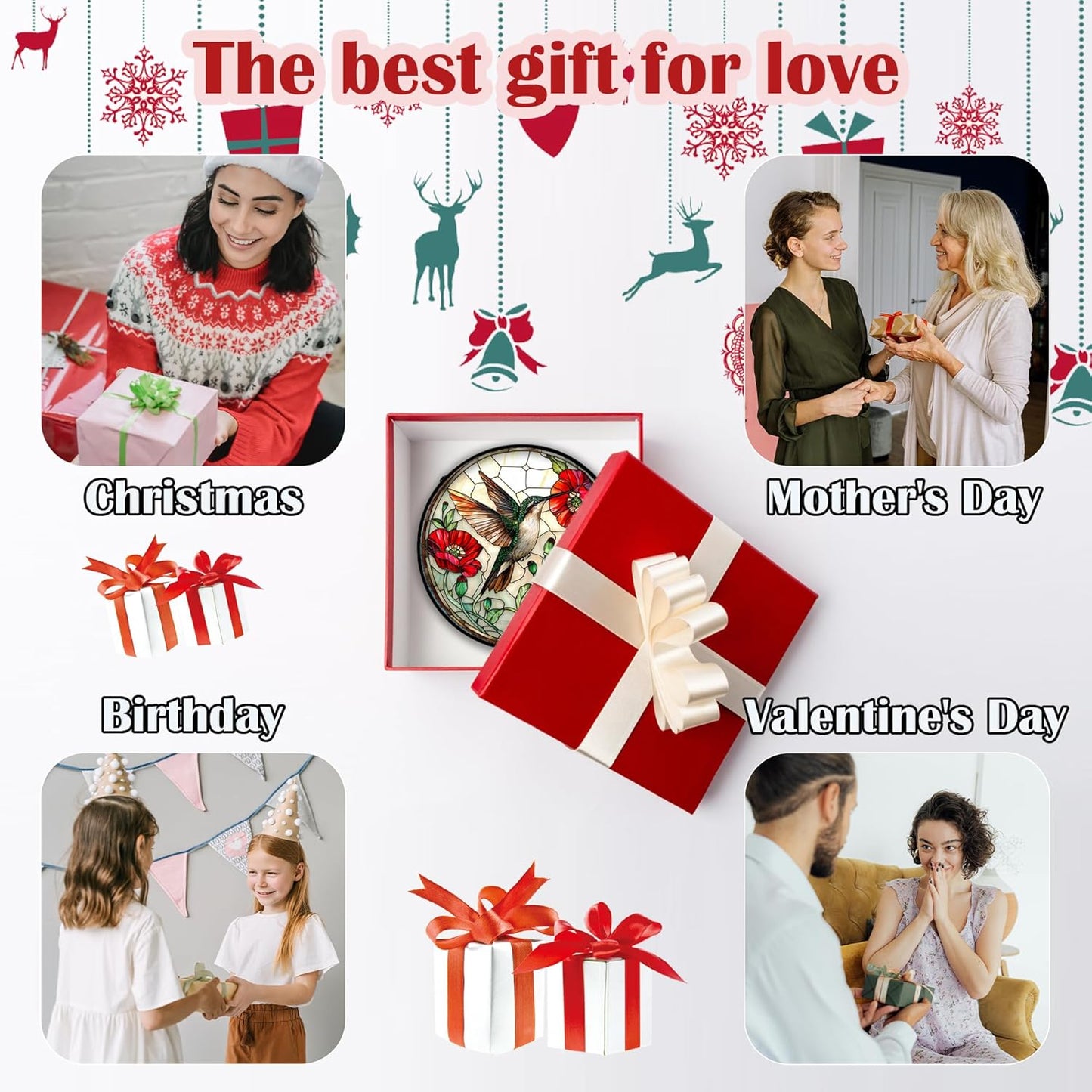 Stained Glass Window Hanging - Green Hummingbird Red Flower Suncatcher for Door Terrace Garden Home Decor Bird Landscape Sun Catcher Birthday Gifts for Lovers Women Men Dad Mom Nana 7.8 in