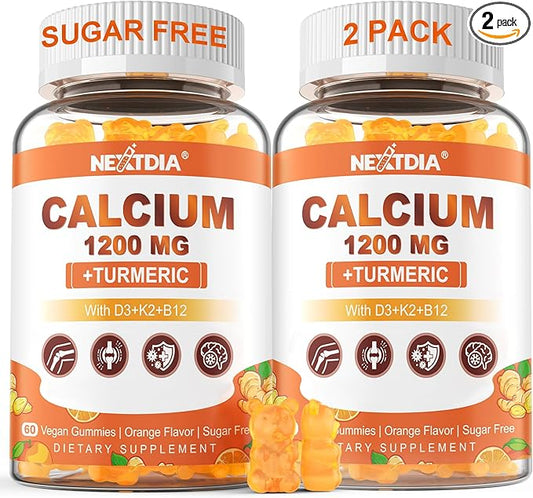 Calcium 1200 mg with Vitamin D3 Gummies - Calcium + Turmeric Supplement for Women and Men with Vitamin K2 B12 - Support Bone & Muscle - Sugar Free - Vegan (120 Count)