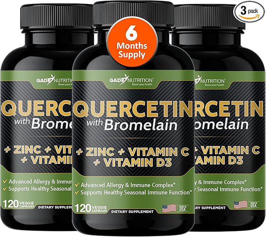 Gade Nutrition Quercetin with Vitamin C and Zinc - Quercetin 500mg - Quercetin with Bromelain - Zinc Quercetin - Quercetin Supplements + Vitamin D3 (Non-GMO, Gluten-Free, Vegan) - 6 Month Supply
