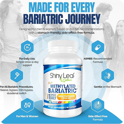 Shiny Leaf Methylated Bariatric Multivitamin Without Iron – Vitamins for Gastric Bypass & Sleeve, 1 Daily Capsule W Methylated Folate, B12, A, C, D, K & More. Vegetarian, Soy-Free, USA Made (180 Ct.)
