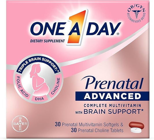 One A Day Womens Prenatal Advanced Complete Multivitamin with Brain Support* with Choline, Folic Acid, Omega-3 DHA & Iron for Pre, During and Post Pregnancy, 30+30 Count (60 Total Set)