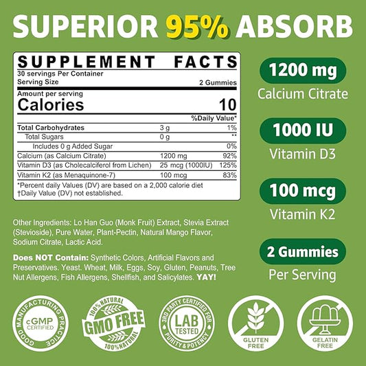 Calcium Citrate Gummies 1200mg with Vitamin D3 K2, Chewable Calcium Supplements for Women & Men, High Potency Support B0ne, Te*th, Strength & Immune Health, Mango Flavor, Non-GMO, Sugar Free, 60 Cts