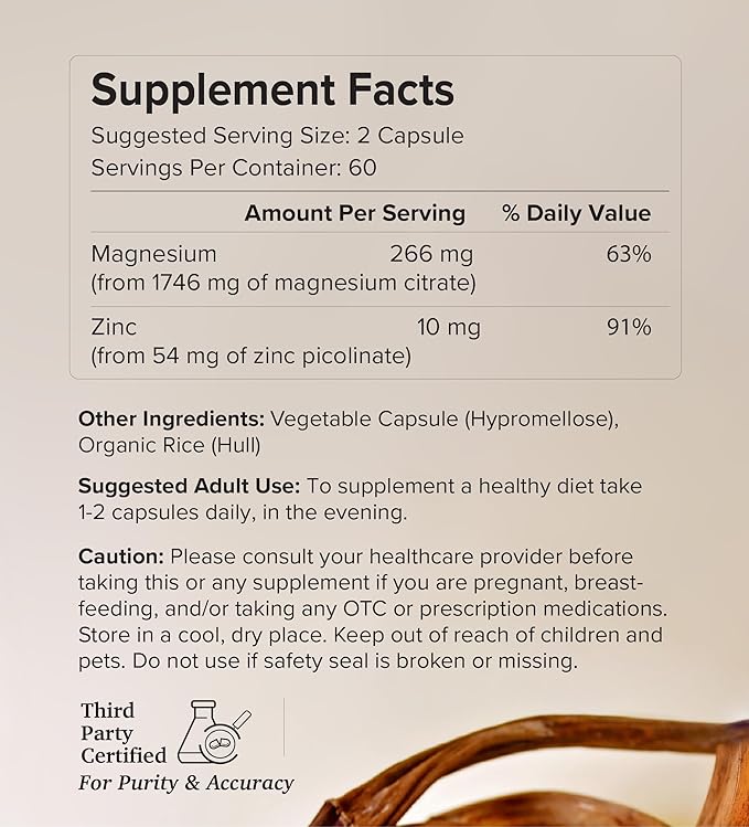 Potent & Pure Magnesium & Zinc Complex - Fully Reacted Magnesium with Chelated Zinc Picolinate - by Rootcha | 120 Capsules